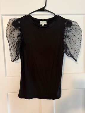 Black Puff-Sleeve Polka Dot Mesh Tee